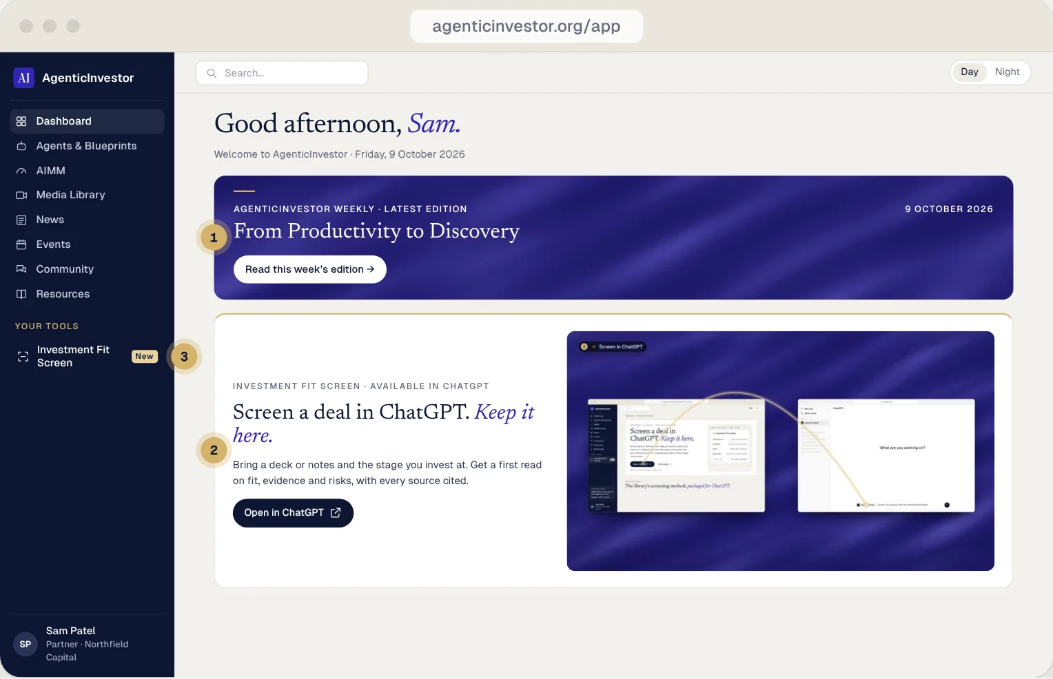 The member dashboard: the latest Weekly, the Investment Fit Screen and AIMM. Illustrative member.