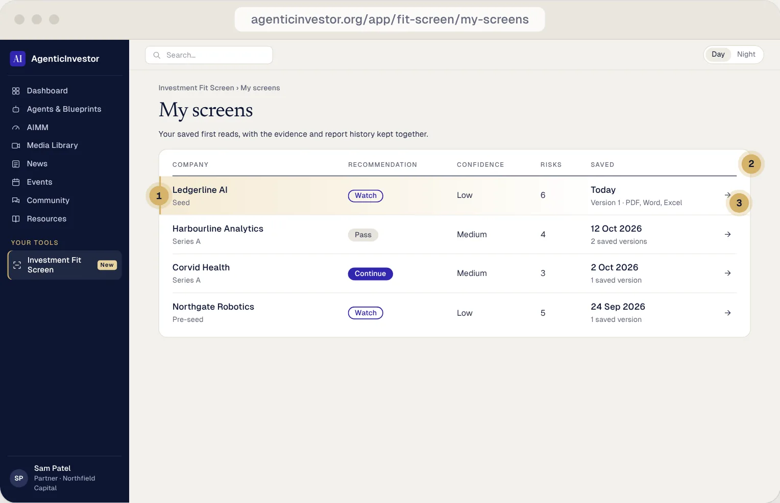 My screens: every saved first read with its recommendation, confidence and risks. Illustrative companies.
