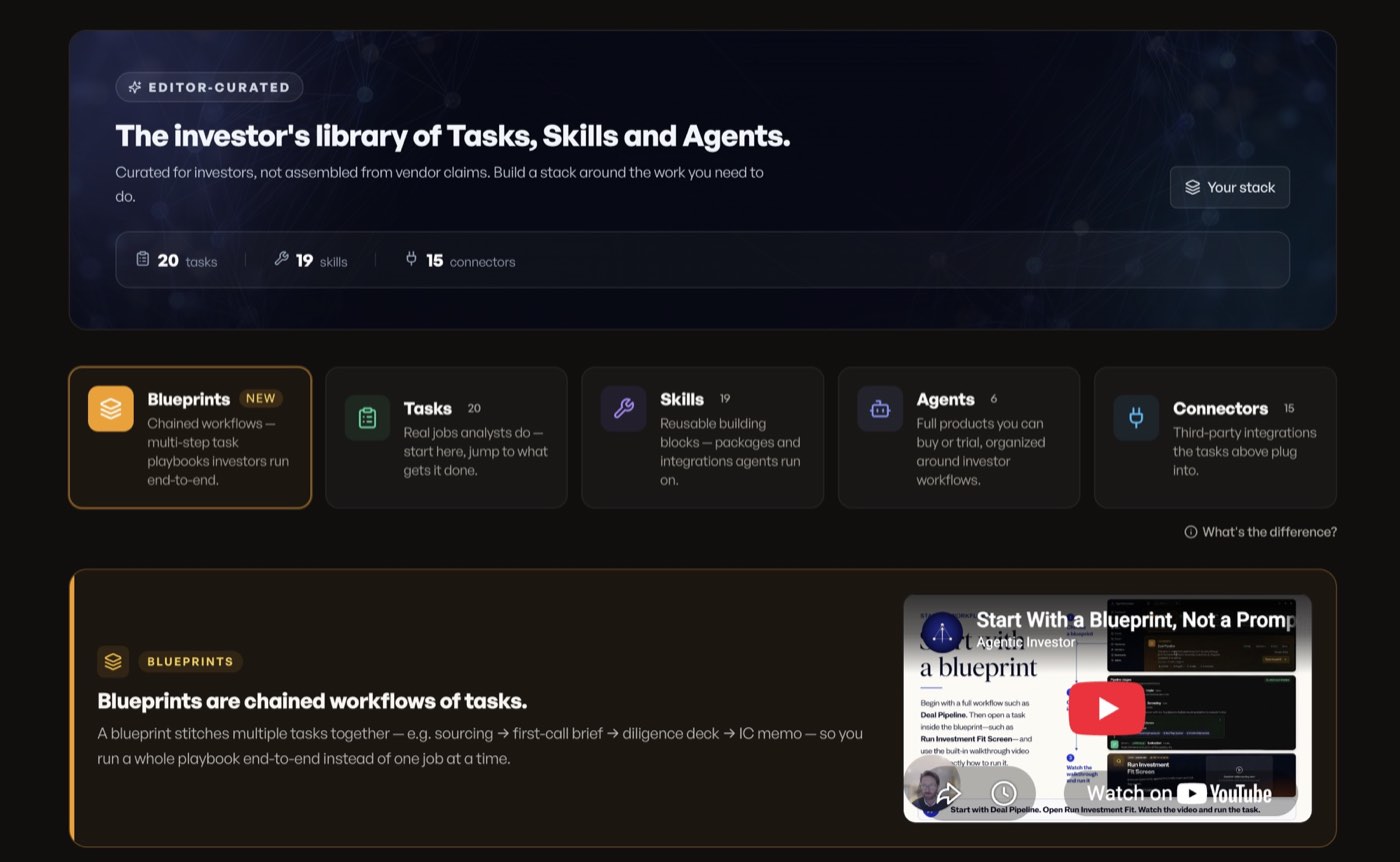 AgenticInvestor investor library showing blueprints, tasks, skills, agents and connectors