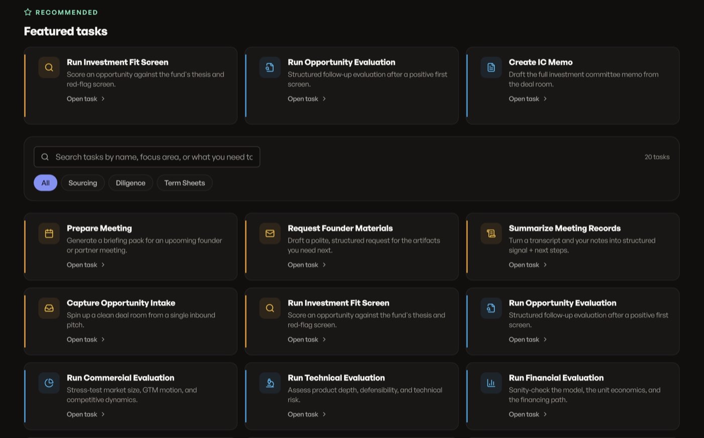 AgenticInvestor task catalogue showing featured tasks, filters and practical investment workflows